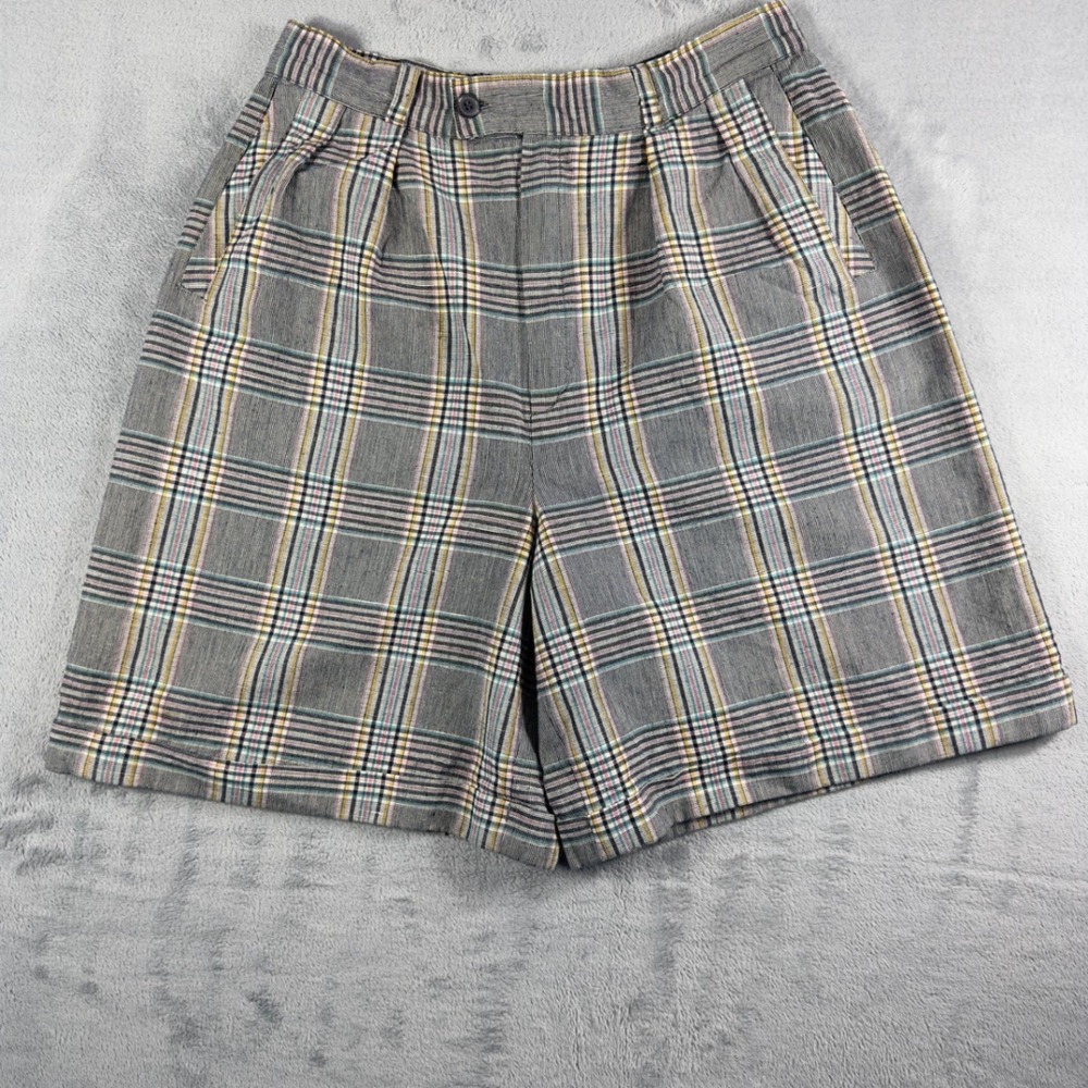 Giorgio Sant'Angelo Plaid Linen Blend Shorts High Waist Pleated Vintage W‎ 12